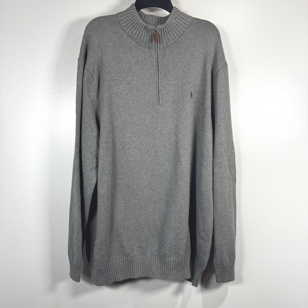Polo Ralph Lauren Mens 2XLT Gray 100% Cotton Quarter Zip Sweater Pony Logo Tall - Picture 1 of 6
